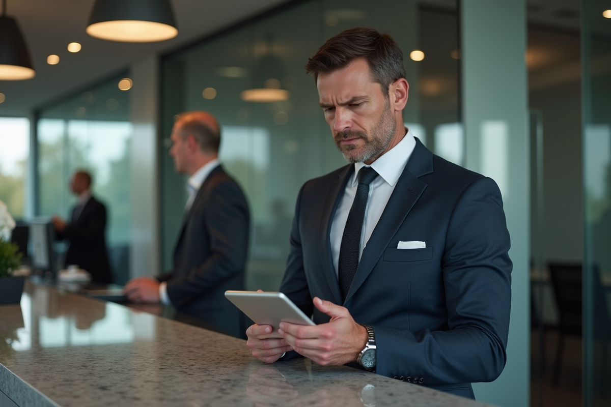 Homme d affaires au bureau avec tablette et téléphone en main