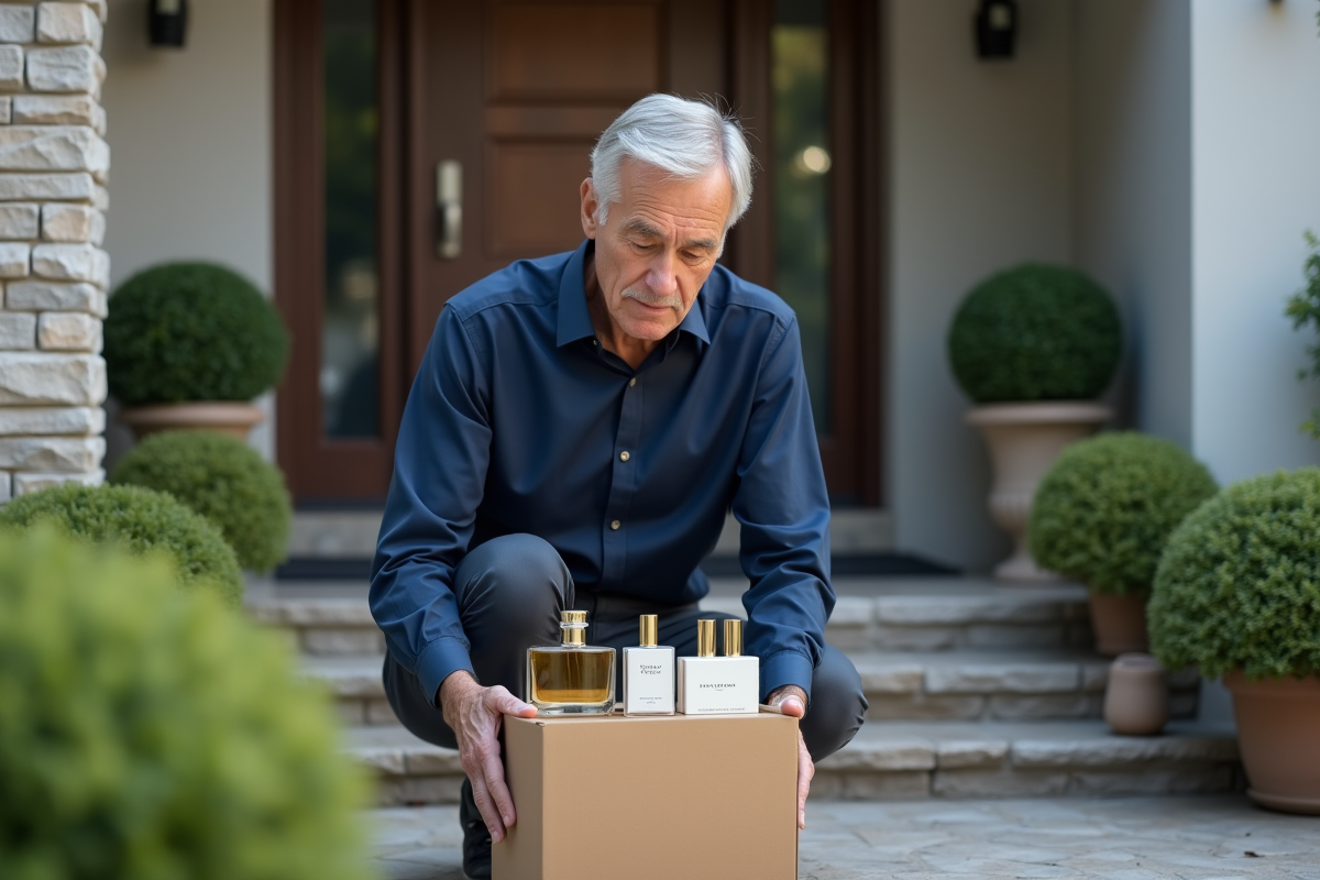 Homme vérifiant un colis de parfums devant sa maison
