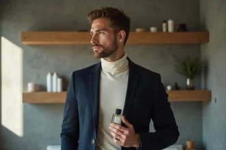 Homme élégant avec parfum dans un appartement moderne