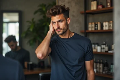 Jeune homme coiffant ses cheveux dans un salon moderne