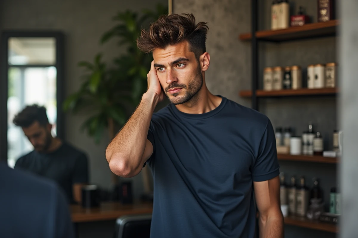 Jeune homme coiffant ses cheveux dans un salon moderne