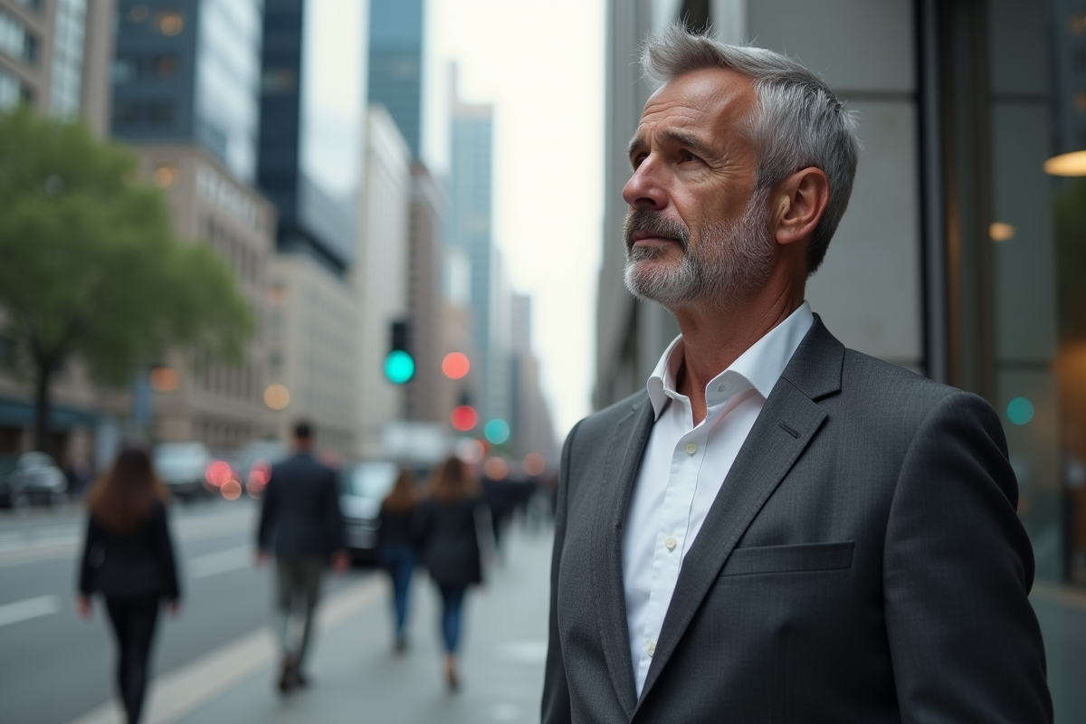 Homme en costume regardant la rue animée de la ville
