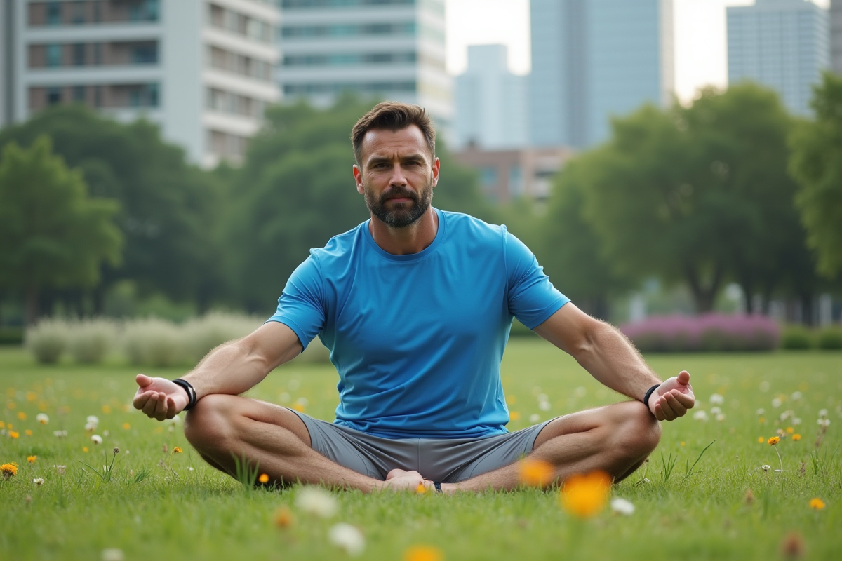 Homme en torsion yoga dans un parc urbain