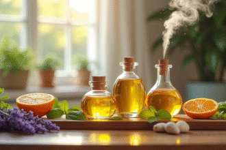 Sélection d'huiles essentielles sur une table en bois avec herbes et agrumes