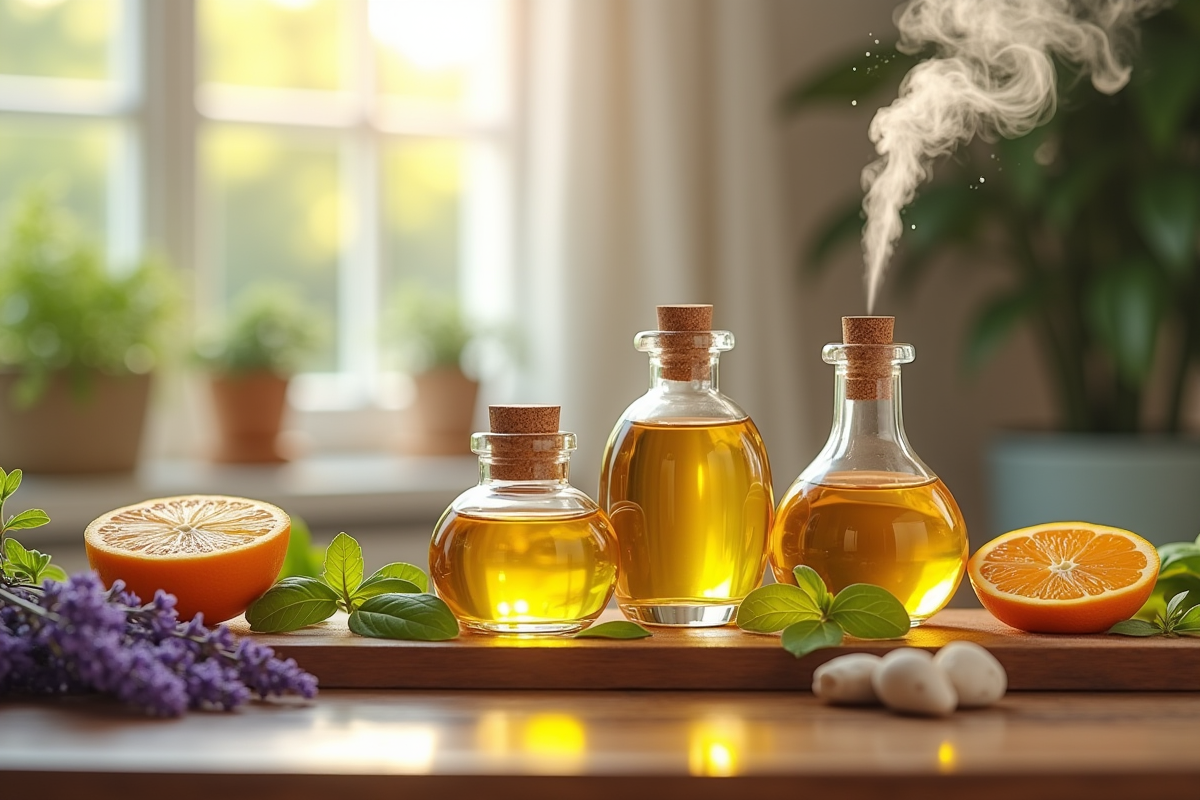 Sélection d'huiles essentielles sur une table en bois avec herbes et agrumes