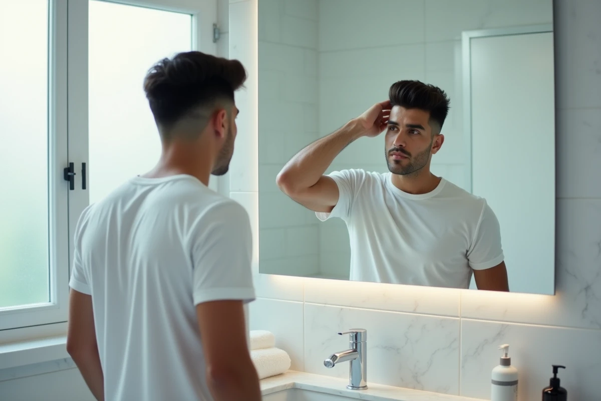 Homme inspectant sa coupe fade tapered devant un miroir de salle de bain moderne