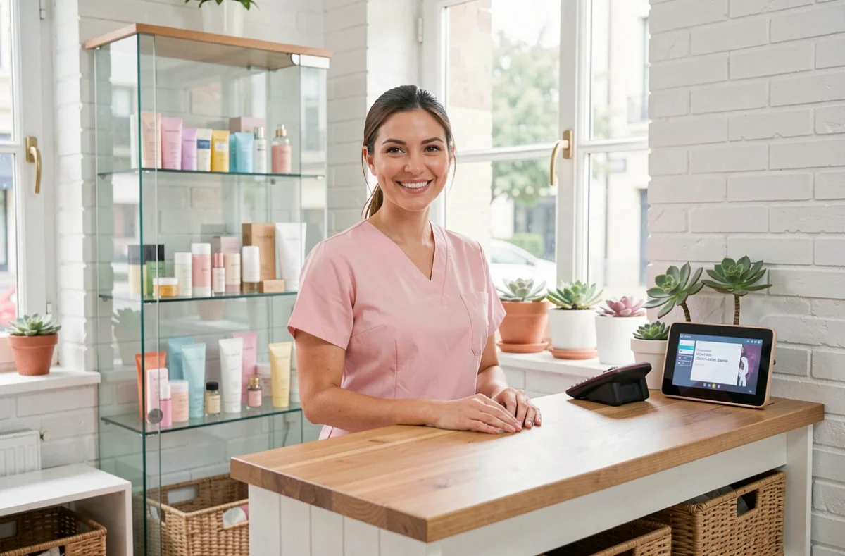 Esthéticienne souriante derrière le comptoir d'un institut beauté lumineux et coloré