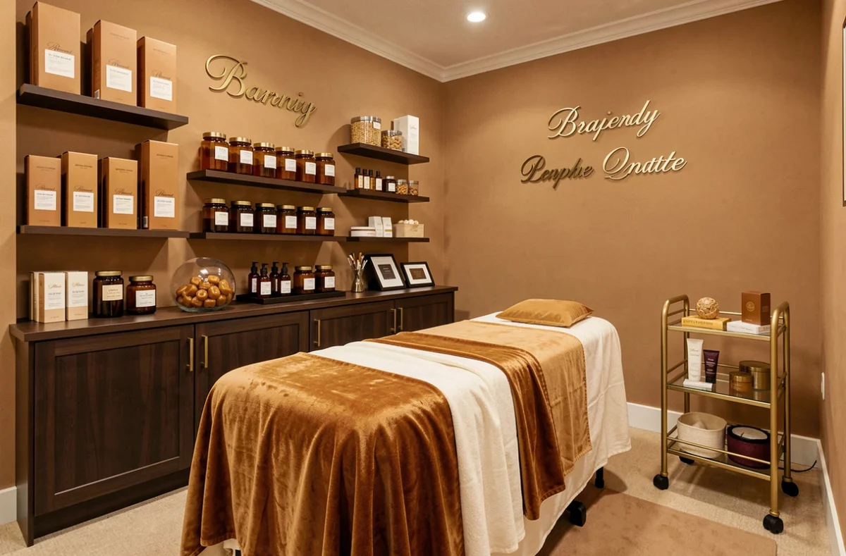 Intérieur gourmand et chaleureux de l'Institut du Caramel à Pau, avec décoration aux tons caramel, ambre et or et produits de beauté soigneusement présentés