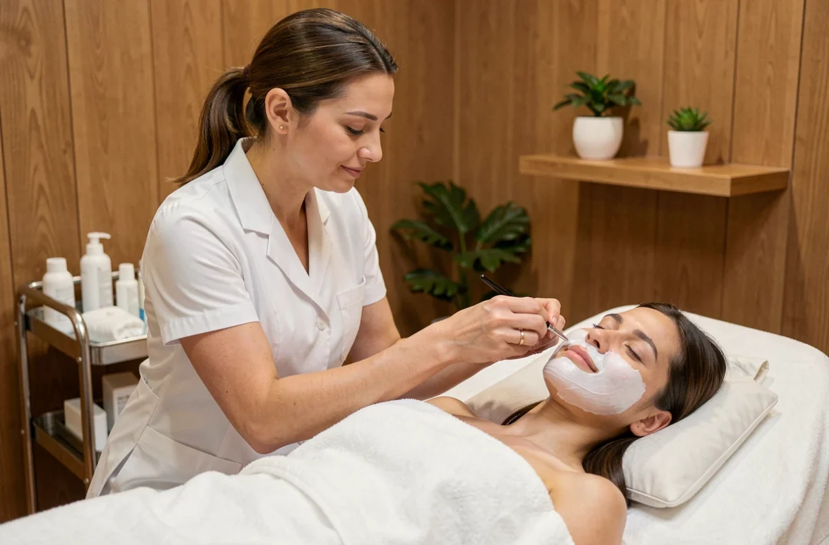 Esthéticienne appliquant un masque facial à une cliente dans un institut de beauté élégant