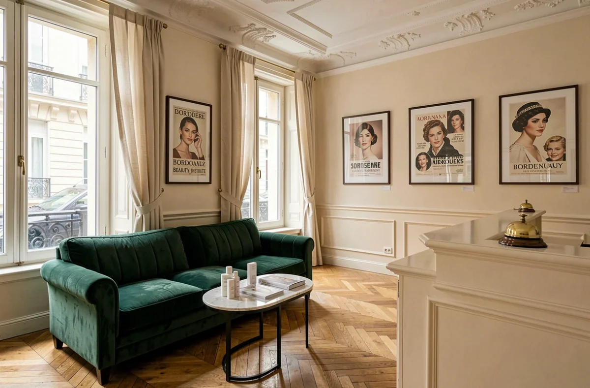 Salon d'attente élégant d'un institut de beauté bordelais avec canapé velours vert et parquet en chevrons