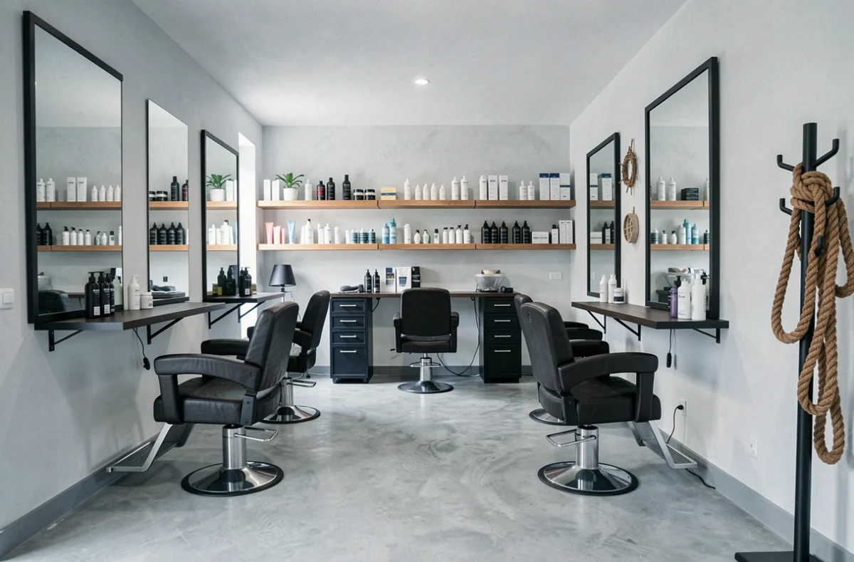 Intérieur élégant et moderne d'un salon de coiffure breton dans le Finistère avec stations de coiffage et étagères de produits professionnels