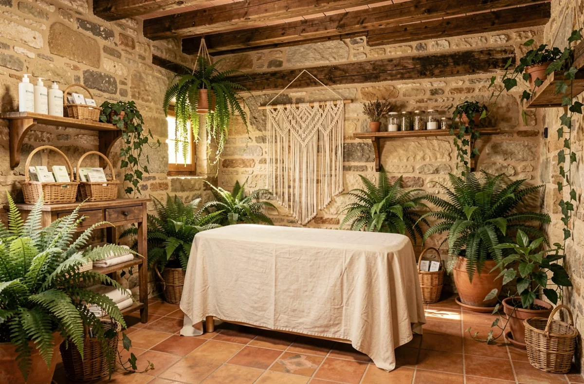Institut de soins botanique avec murs en pierre, fougères et table de soin en lin crème