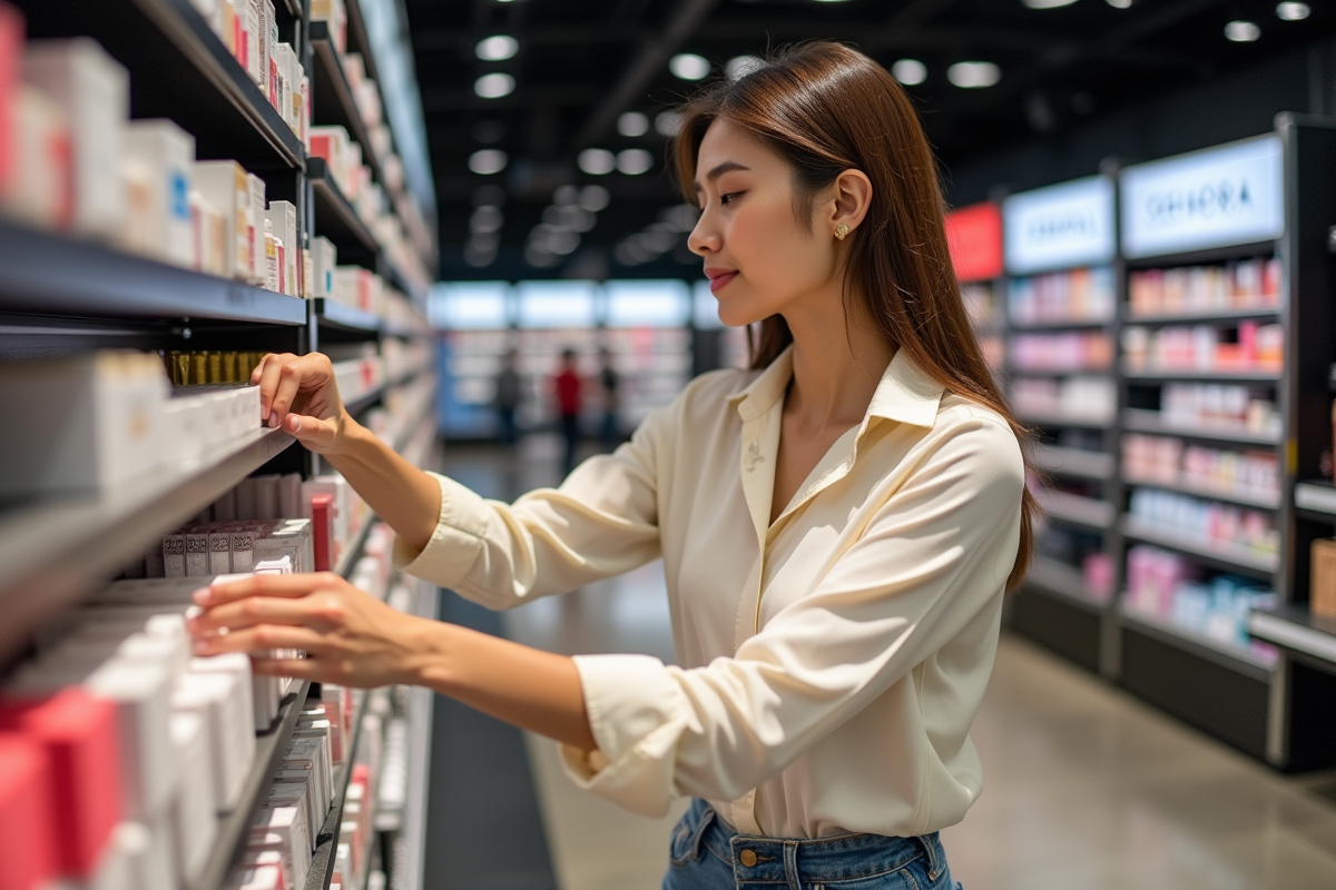 Jeune femme regardant des produits de beauté chez Sephora