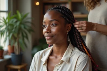 Jeune femme noire en coiffure collée avec extensions colorées