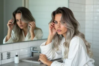 Jeune femme dans la vingtaine observant ses cheveux blancs prématurés dans un miroir de salle de bain moderne