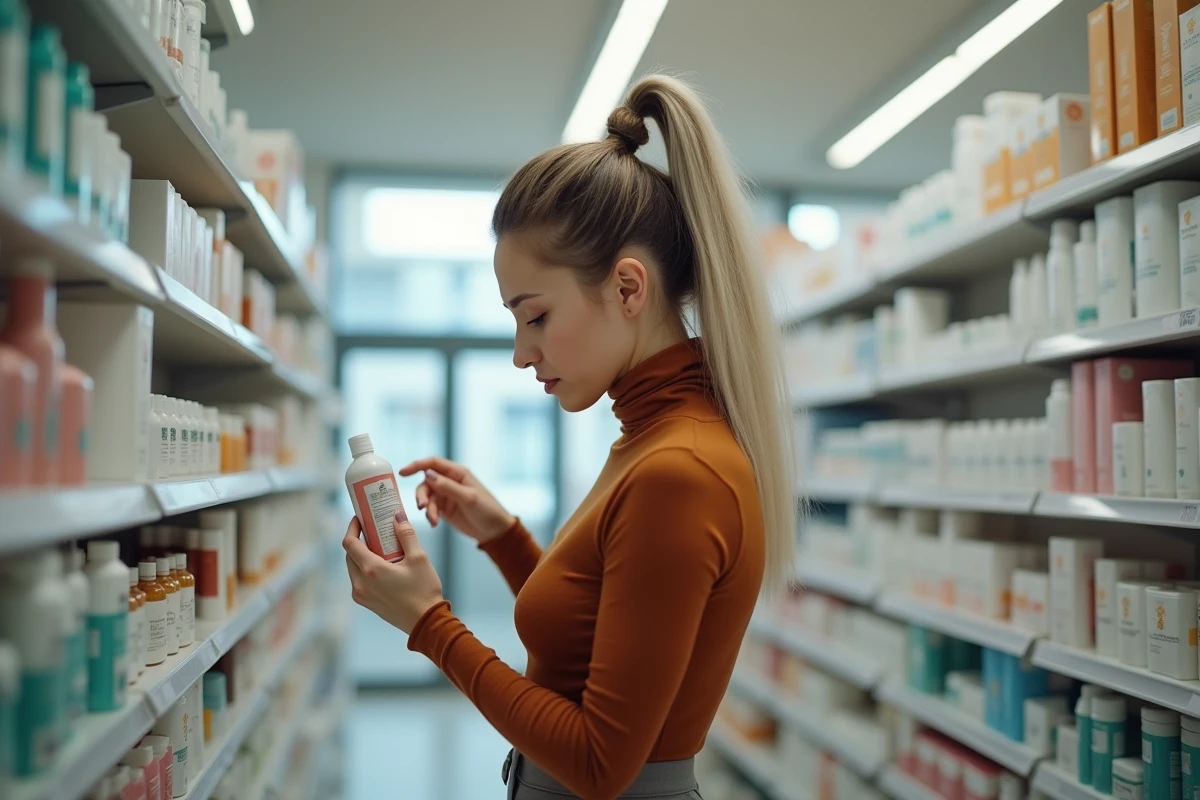 Jeune femme avec des cheveux blancs aux tempes lisant l'étiquette d'un produit capillaire en pharmacie