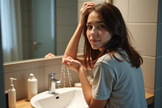 Jeune femme se rinçant les cheveux dans une salle de bain moderne