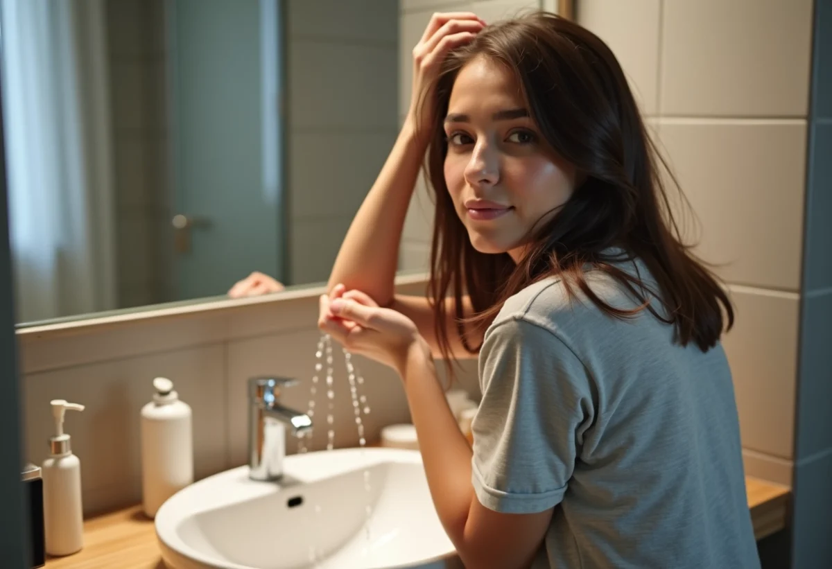 Jeune femme se rinçant les cheveux dans une salle de bain moderne