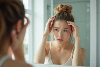 Jeune femme examinant son cuir chevelu dans un miroir