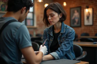 Jeune femme en studio de tatouage préparant son premier tatouage