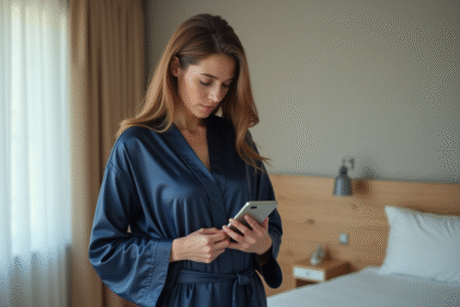 Jeune femme en robe de soie bleue dans une chambre moderne