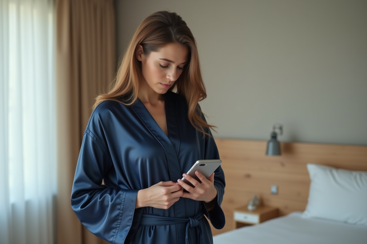 Jeune femme en robe de soie bleue dans une chambre moderne