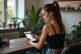 Jeune femme regardant une calculatrice de tatouage sur tablette