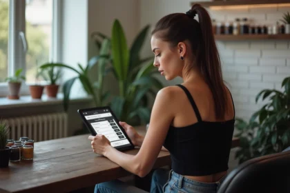 Jeune femme regardant une calculatrice de tatouage sur tablette