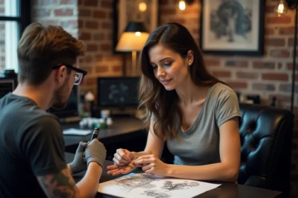 Jeune femme confiante consulte un tatoueur dans un studio moderne