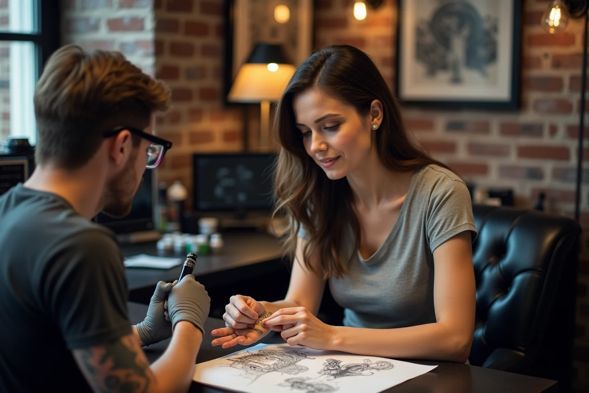 Jeune femme confiante consulte un tatoueur dans un studio moderne