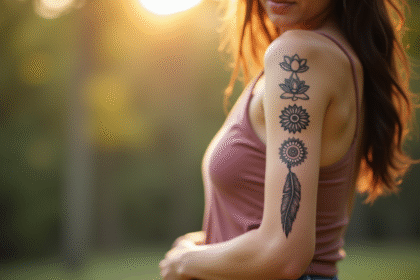 Jeune femme avec tatouages lotus et mandala en extérieur