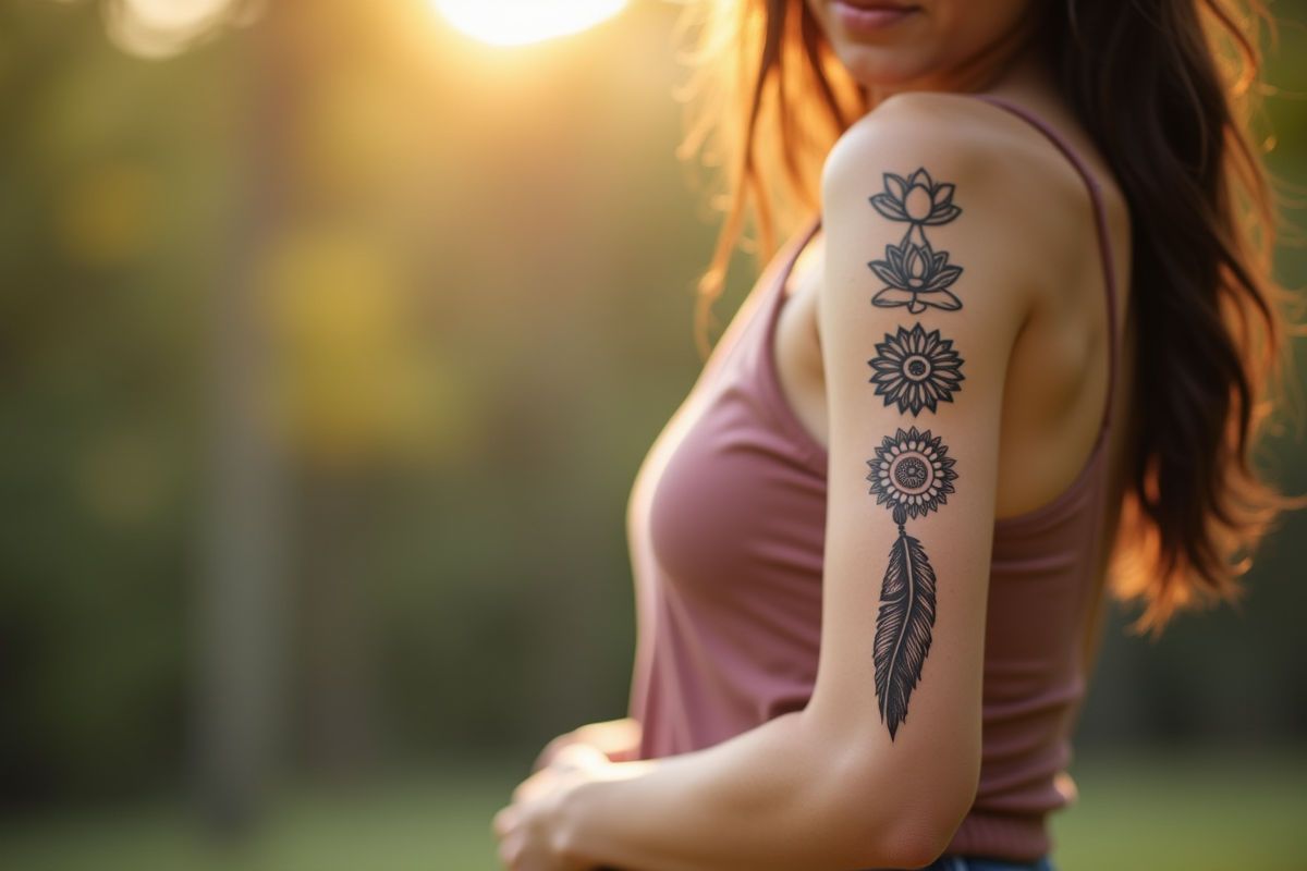 Jeune femme avec tatouages lotus et mandala en extérieur