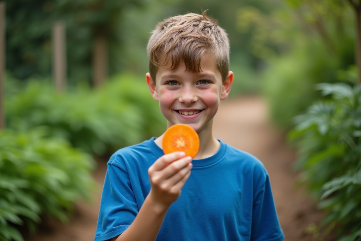 Adolescent souriant tenant une carotte dans un jardin