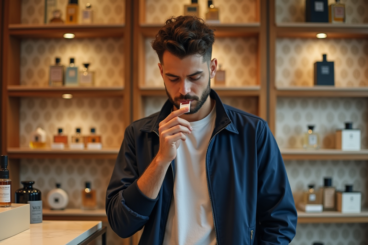 Jeune homme choisissant un parfum dans une parfumerie sophistiquée