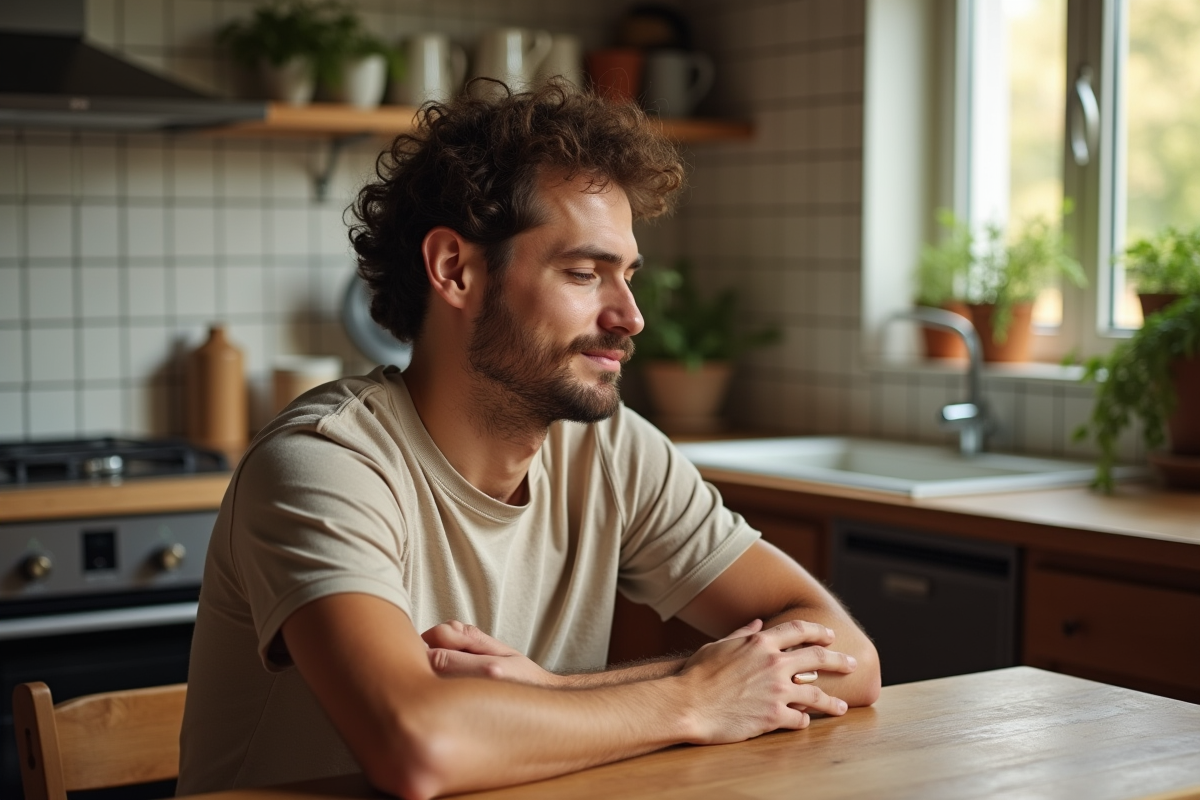Jeune homme au petit déjeuner dans une cuisine lumineuse