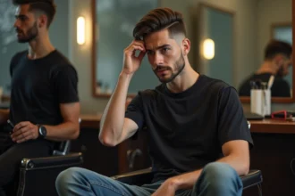 Jeune homme regardant son fade taper dans le miroir de barbershop
