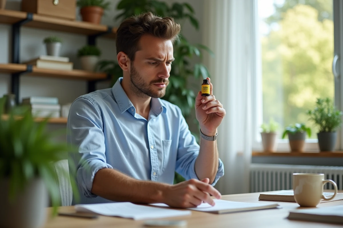 Jeune homme lisant instructions huile essentielle Bali