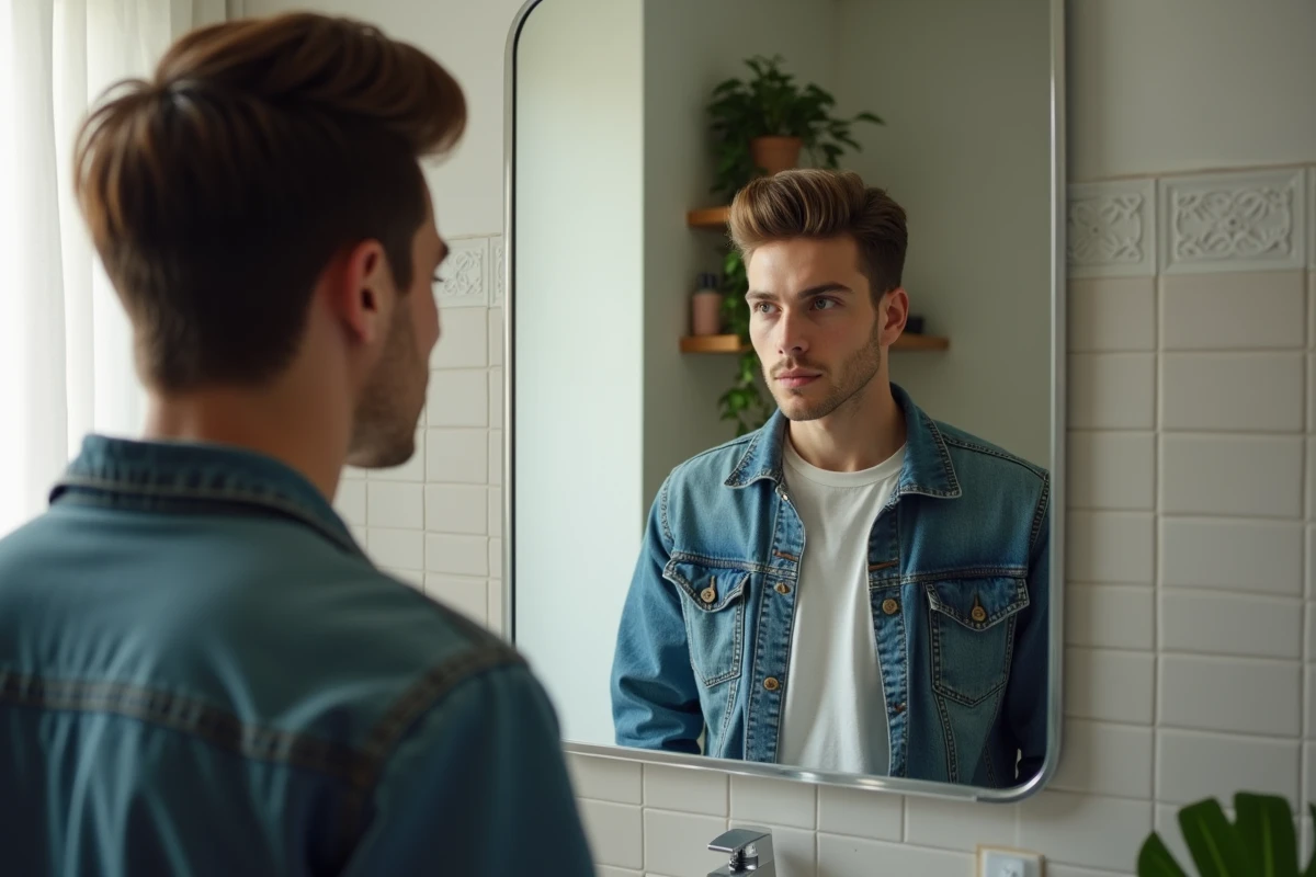 Jeune homme regardant son reflet avec un mullet tendance dans sa salle de bain