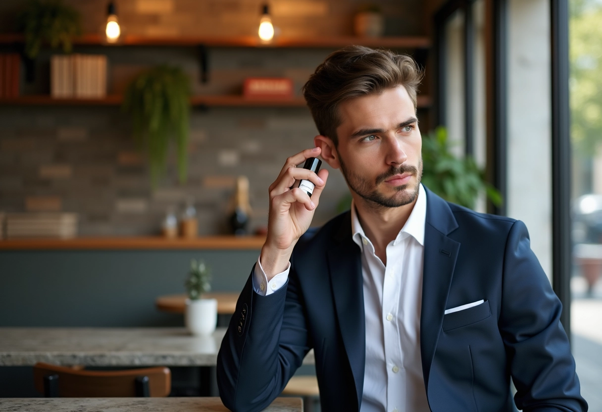 Jeune homme en blazer parfumant dans un café urbain