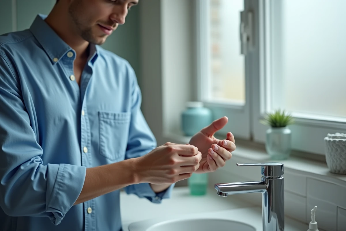 Jeune homme appliquant huile cuticules dans salle de bain moderne