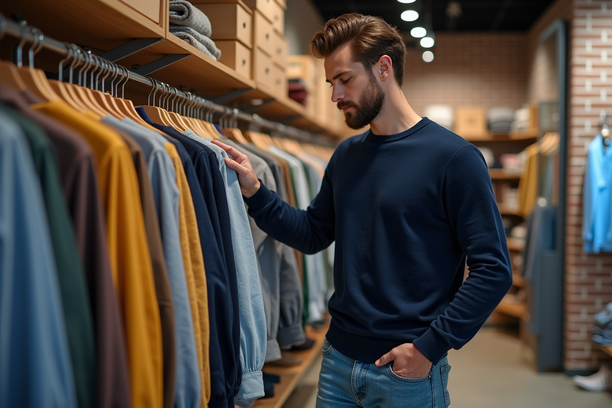 Jeune homme choisissant des chemises dans une boutique moderne