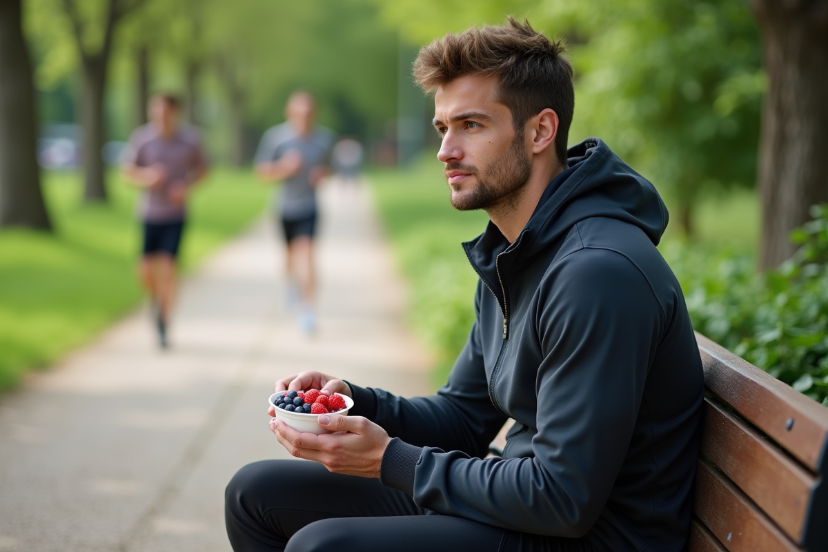 Jeune homme dégustant un yogourt aux fruits dans un parc