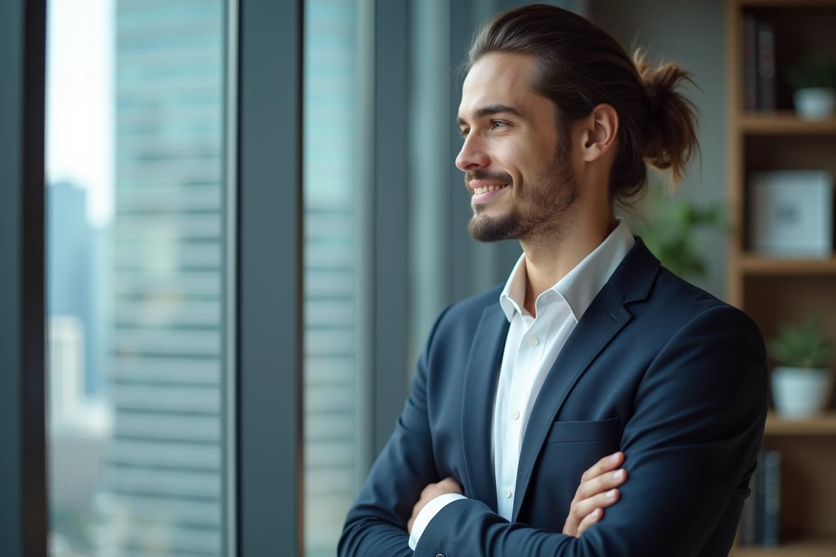 Jeune homme professionnel coiffant ses cheveux près de la fenêtre