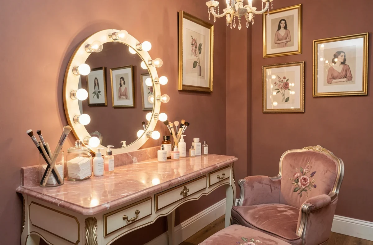 Espace beauté féminin raffiné avec coiffeuse vintage, marbre rose et accessoires dorés