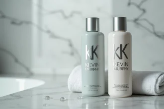 Shampoing et masque nourrissant Kevin Murphy posés sur une étagère en marbre mouillé dans une salle de bain moderne