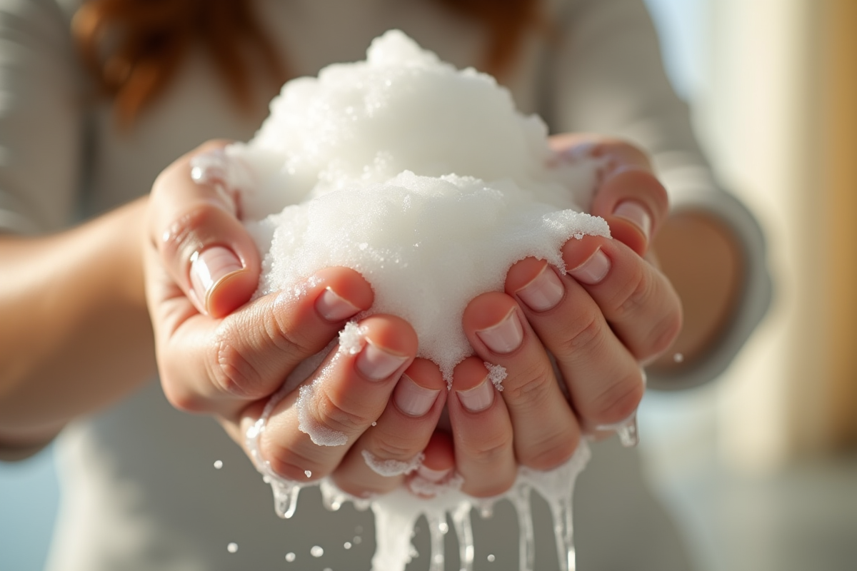 Mains lavant doucement les cheveux avec du shampooing
