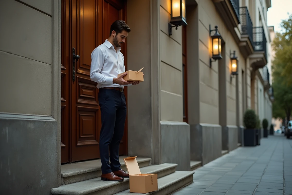 Jeune homme recevant un parfum livré devant son appartement
