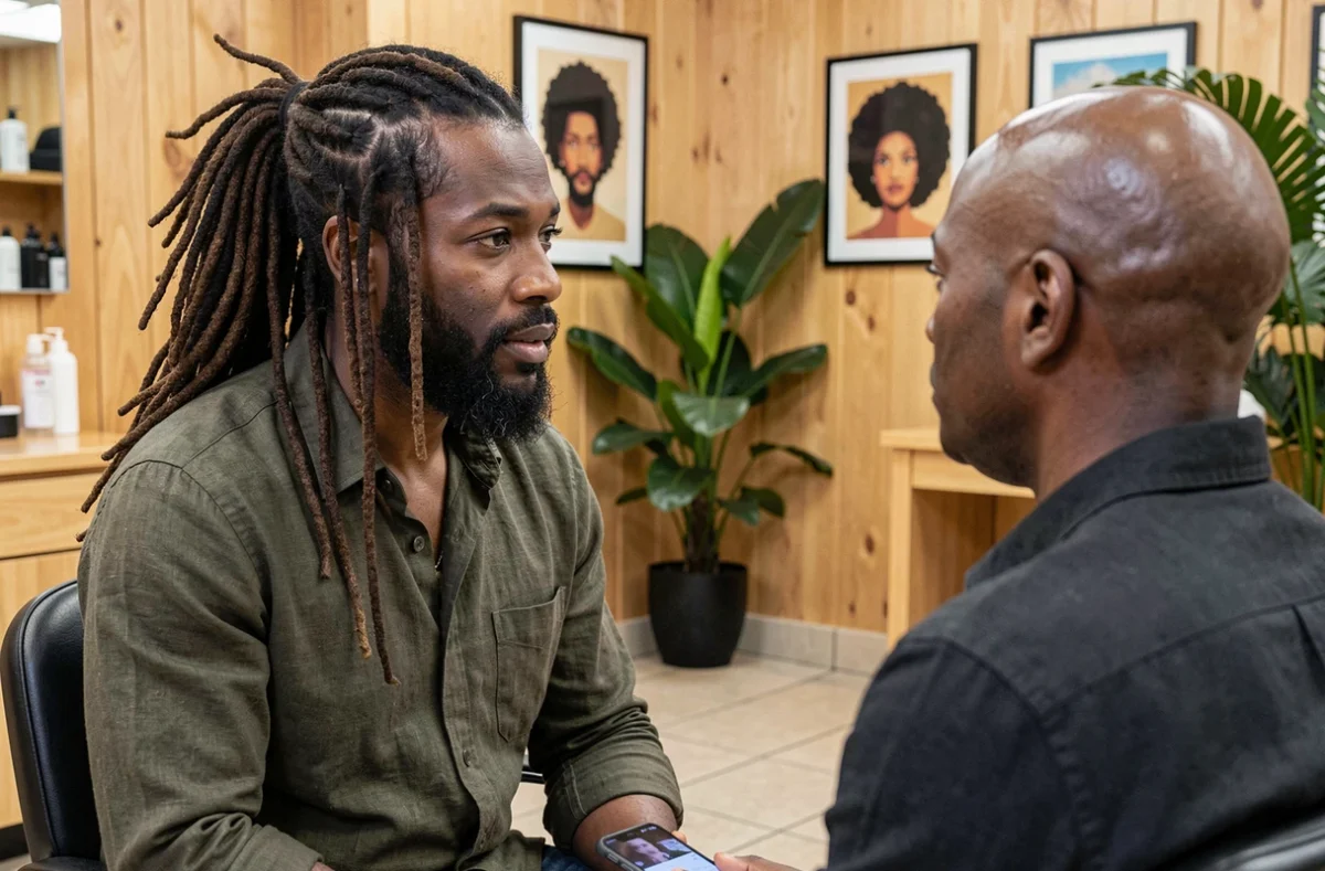 Homme avec des dreadlocks soignés en consultation avec une loctician dans un salon de coiffure afro naturel et chaleureux