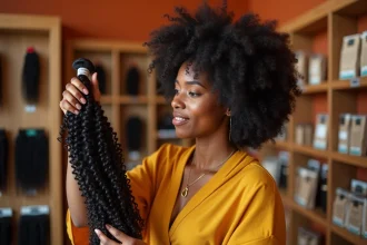 Femme afro examinant des mèches texturées dans un magasin de mèches afro spécialisé