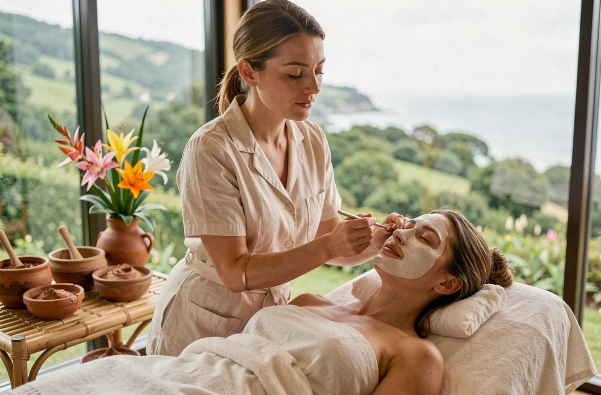 Soin bien-être au visage réalisé par une thérapeute dans l'écrin côtier de l'Institut Mai Tumaï à Bidart, avec vue sur le paysage basque